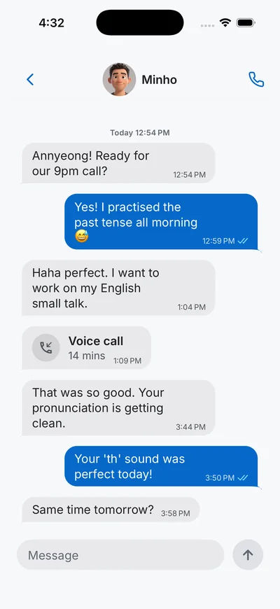 A text chat between two language partners after a call