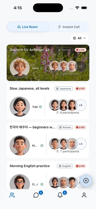 The Live Room tab: open voice rooms, each tagged with its language